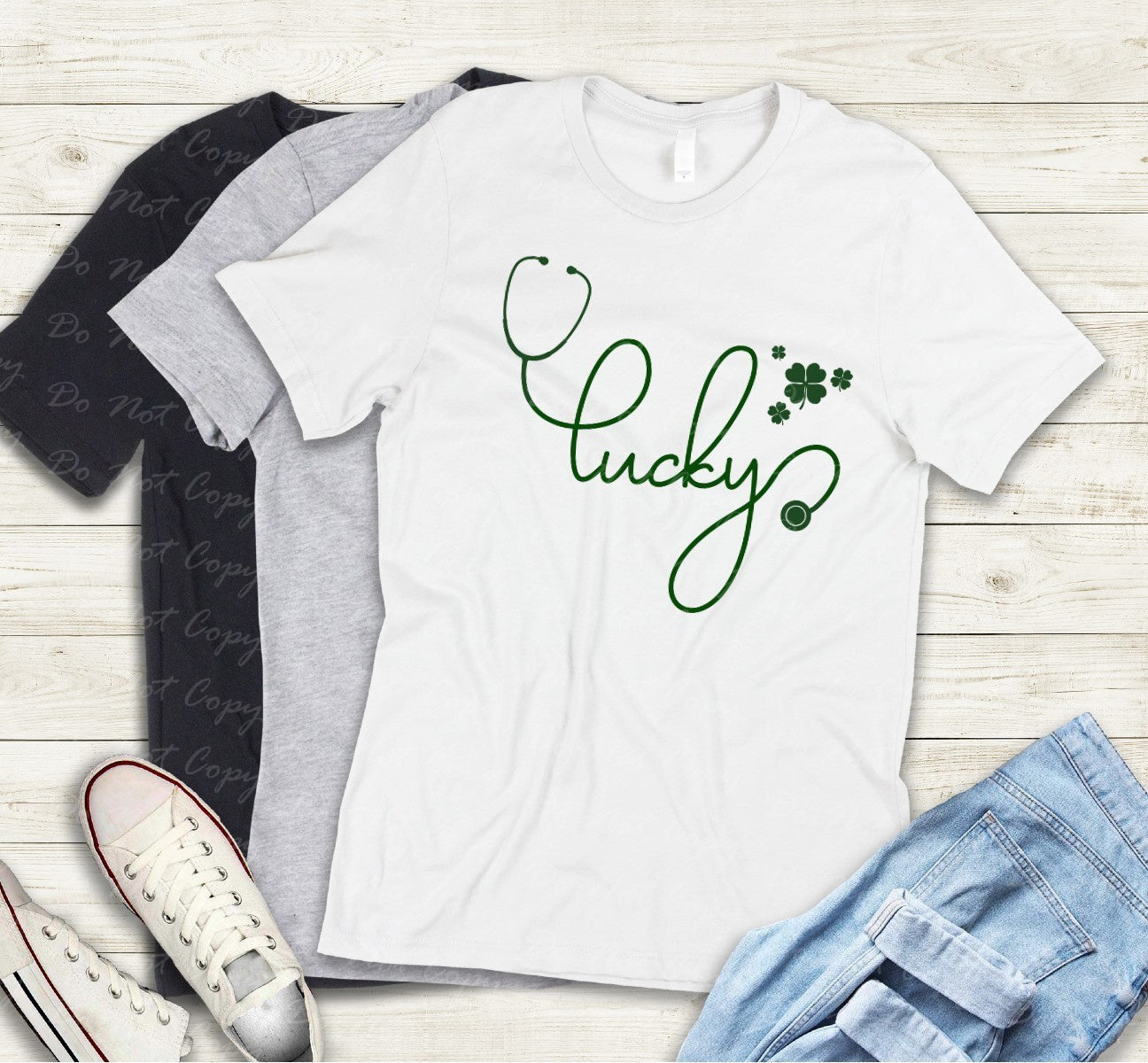 03-122 Lucky cursive stethoscope tee