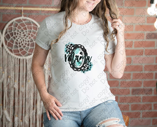 05-115 Mama Mirror Cow Print Turquoise tee