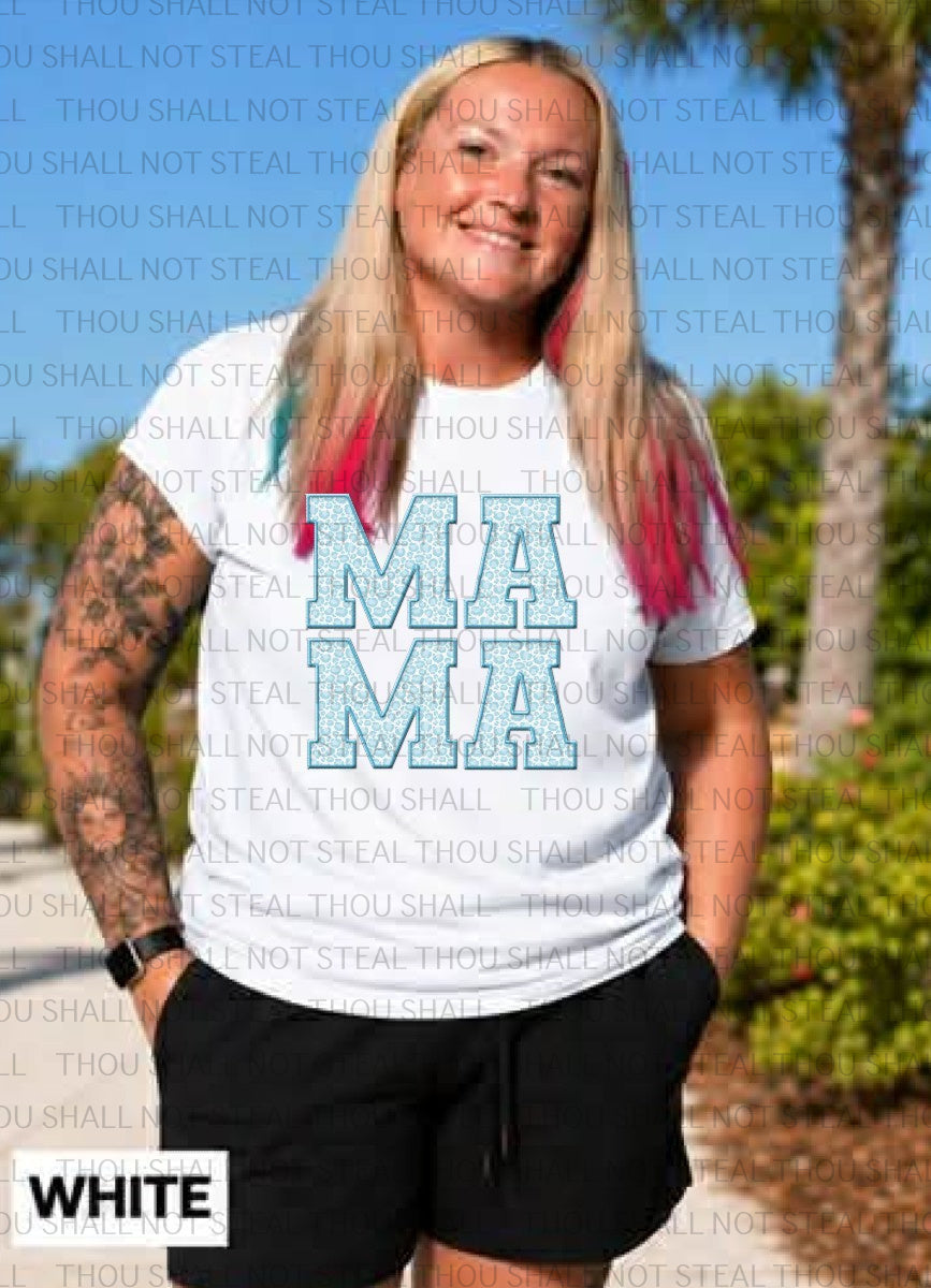 05-138 Mama or Mini Big Letters Light Blue Cheetah Stacked tee