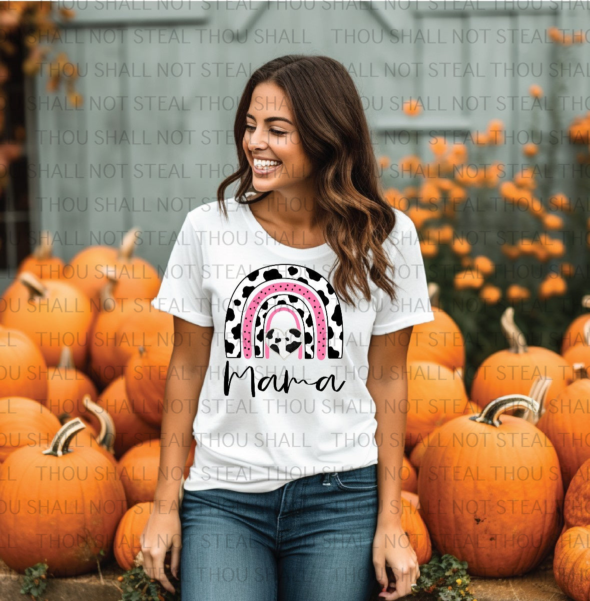 05-139 Mama Pink and Cow Print Rainbow tee