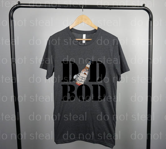 06-45 DAD BOD WITH A WHITE AND RED BEER BOTTLE Completed Tee