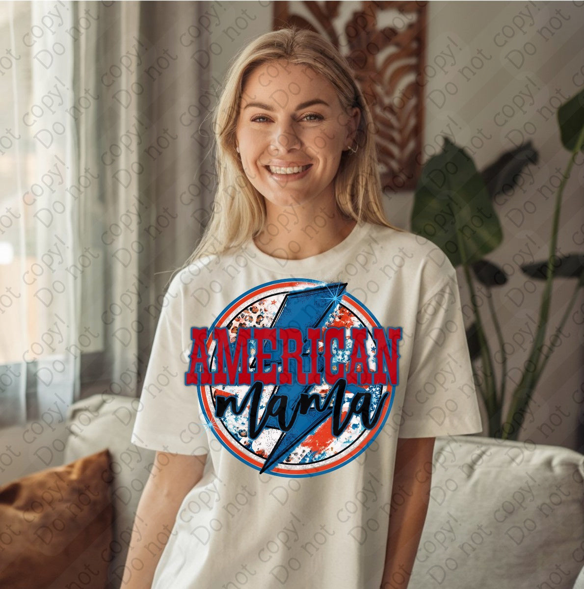 07-123 American Mama with Blue Lighting Bolt Colored Tee
