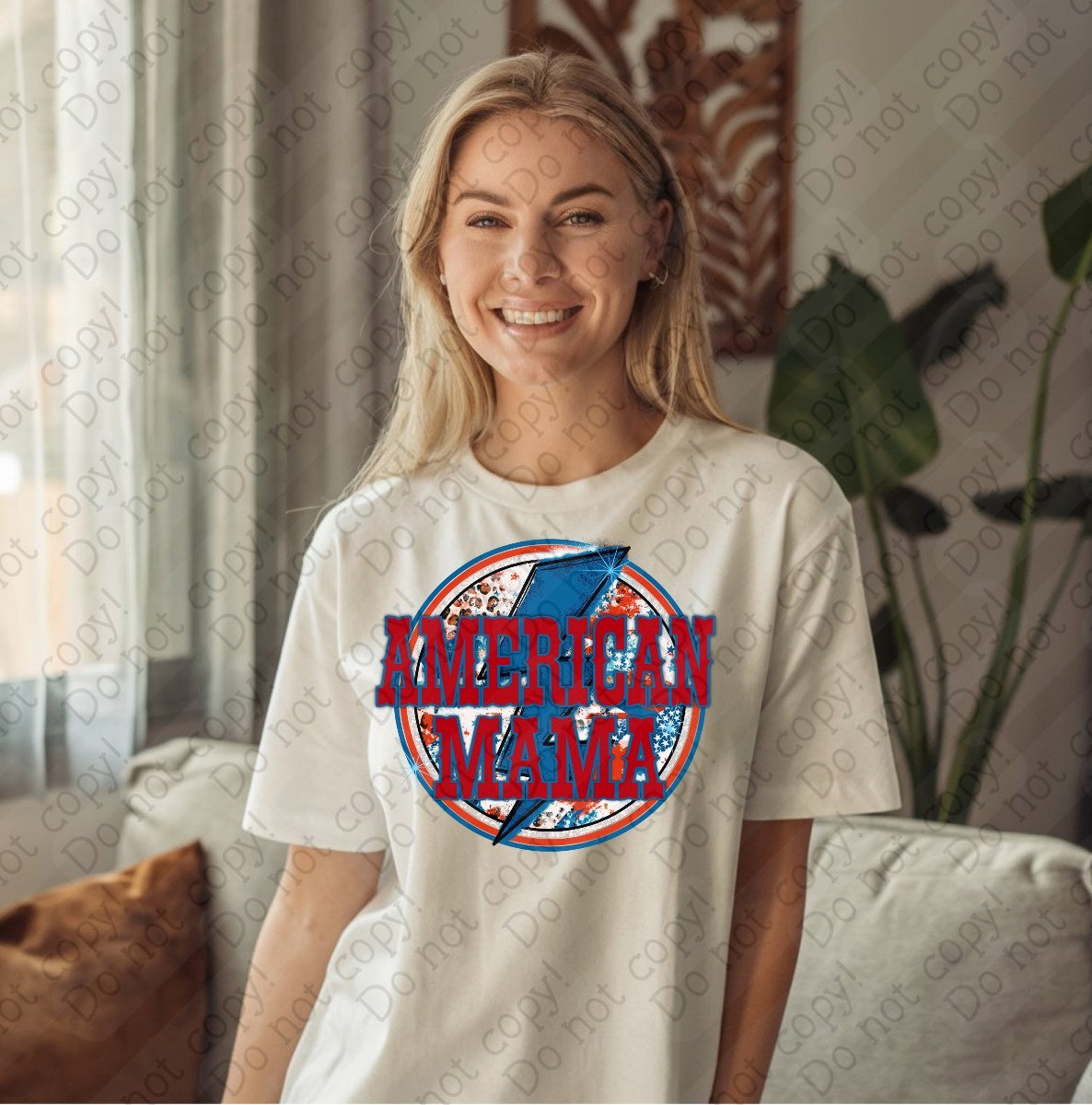 07-129 American Mom with Blue Lighting Bolt Colored Tee