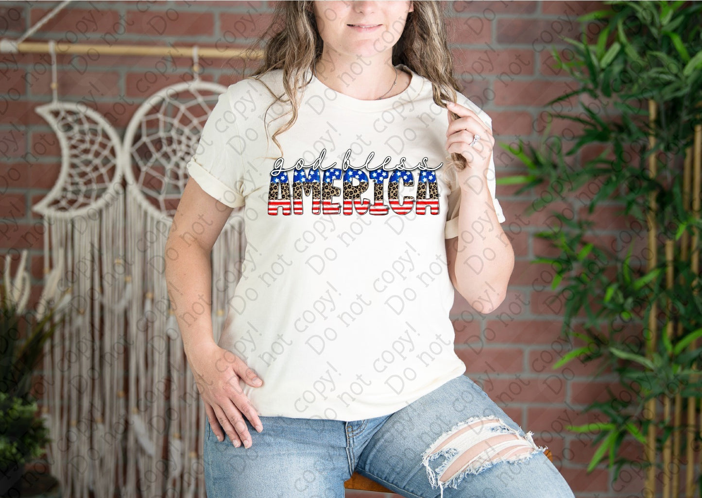 07-146 God Bless America Red White Blue and Cheetah Print Colored Tee