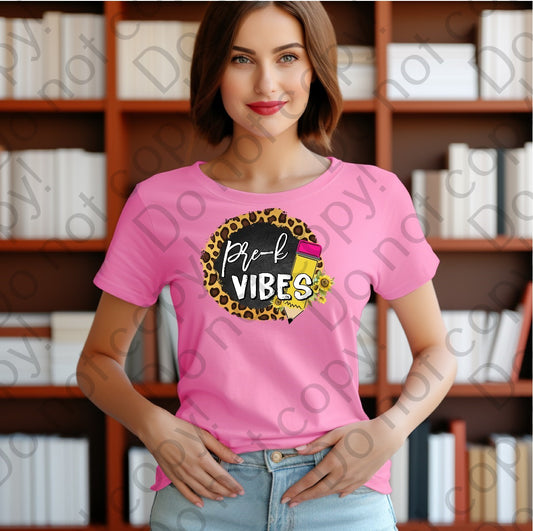 08-142 Pre-K Vibes with a pencil and a cheetah print background Tee