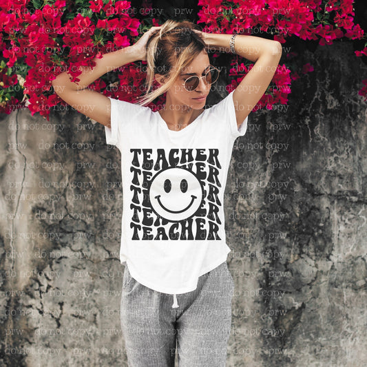 08-16 Happy Teacher Stack Black Completed Tee