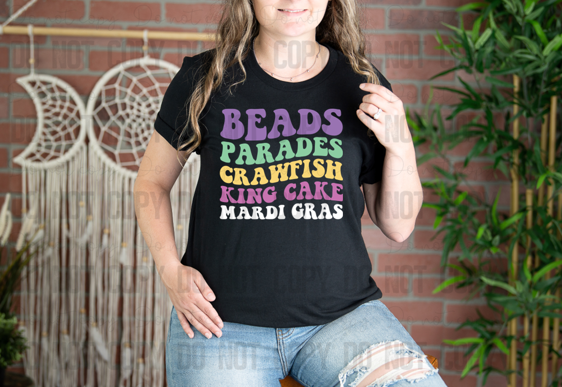 09-104 Beads Parades Crawfish King Cake Mardi Gras tee