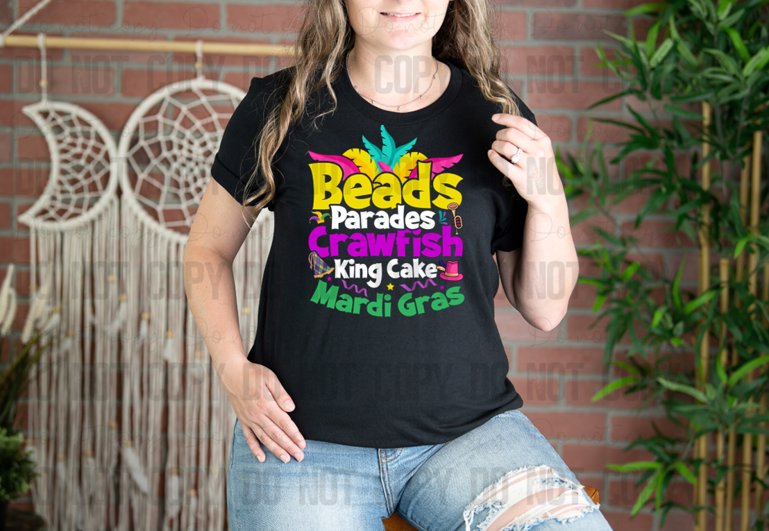 09-99 Beads Parades Crawfish King Cake Mardi Gras tee