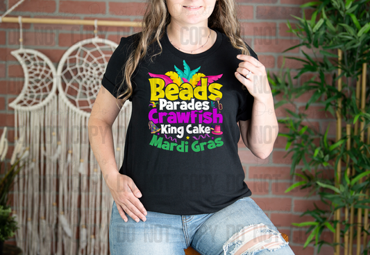 09-99 Beads Parades Crawfish King Cake Mardi Gras tee