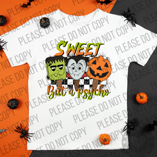 10-124 Sweet But A Psycho Doodle Faces Halloween Completed Tee