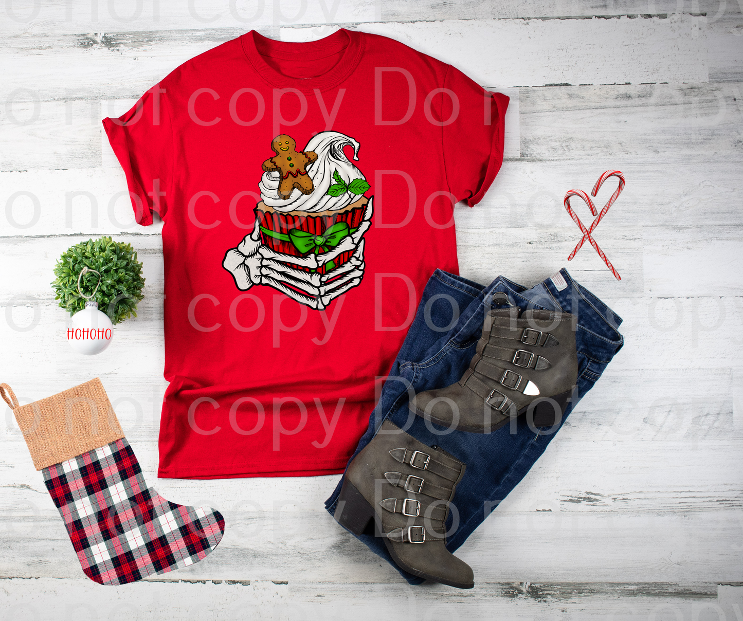 12-02 Skeleton Hand With Cupcake And Gingerbread Cookie Christmas Completed Tee