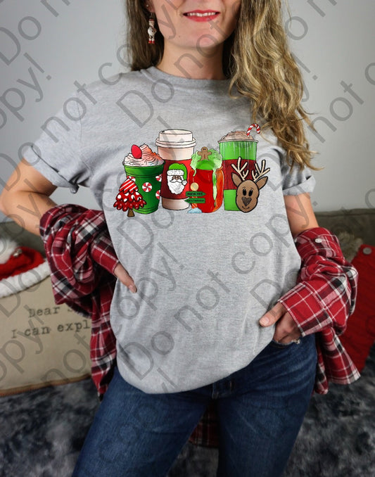 12-313 Red and Green Christmas Coffee Cups tee