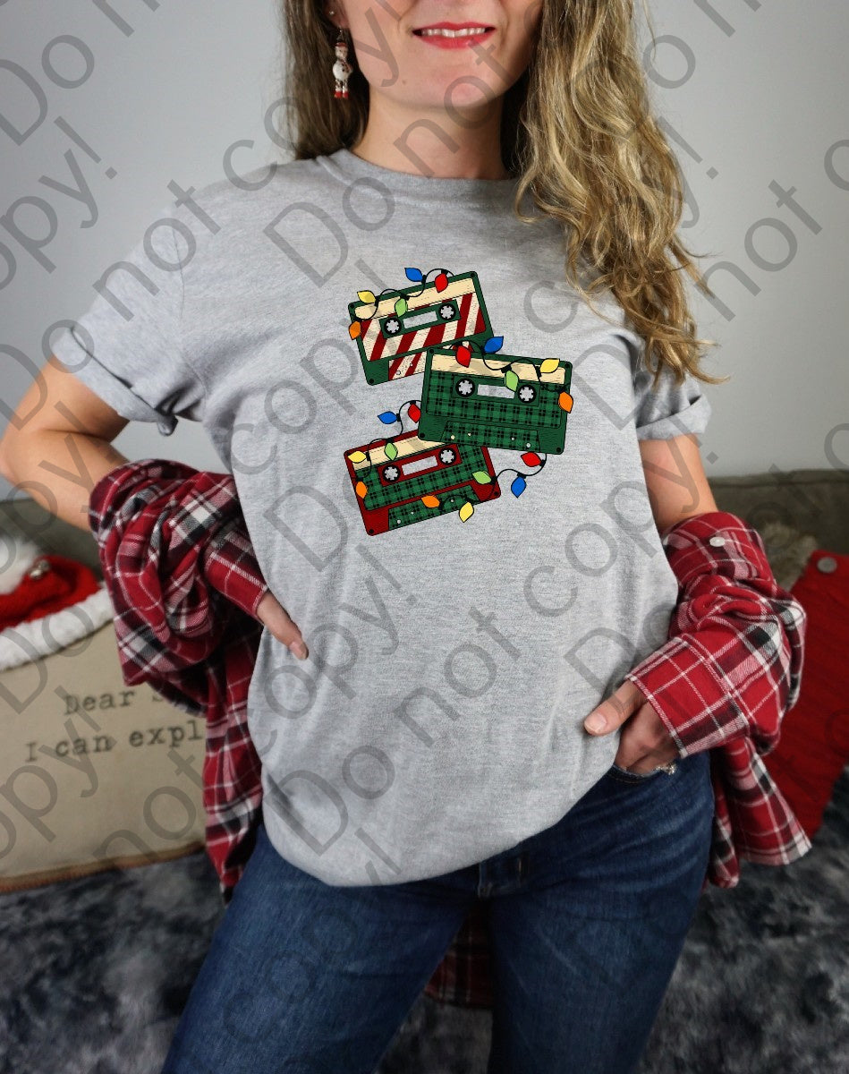 12-314 Red and Green Cassette Tapes with Christmas Lights tee