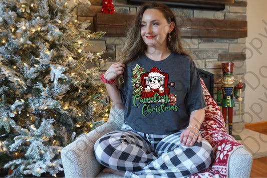 12-337 Country Christmas Cow with Tiny Santa tee