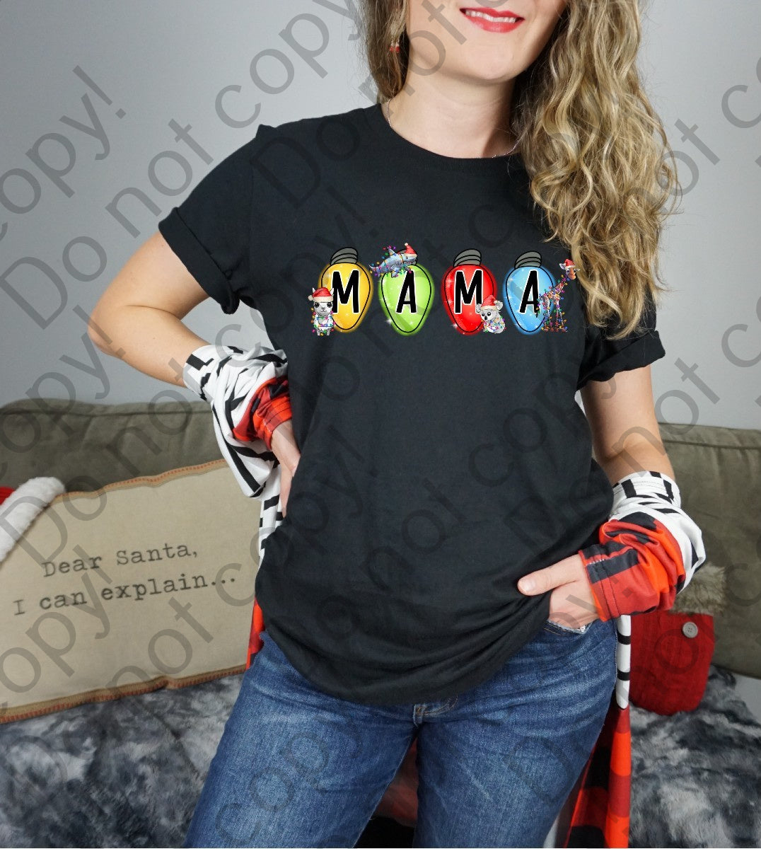 12-356 Mama in Bright Glitter Animals with Christmas Lights tee
