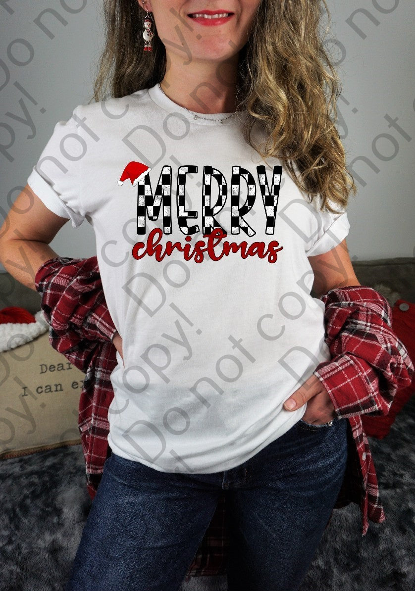 12-364 Merry Christmas Black White Checkered tee