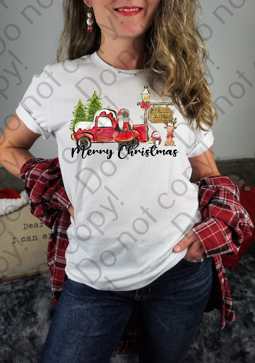 12-365 Merry Christmas Brown Santa with Blue Trees tee