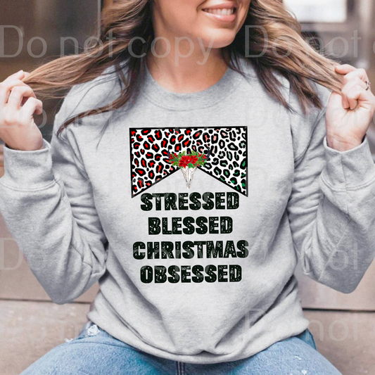 12-36 Stressed Blessed And Christmas Obsessed Leopard Completed Tee