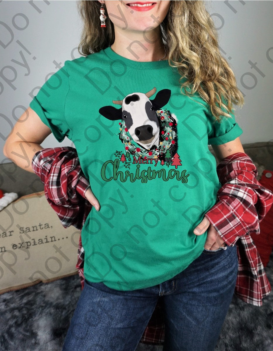 12-370 Merry Christmas Cow with Wreath tee