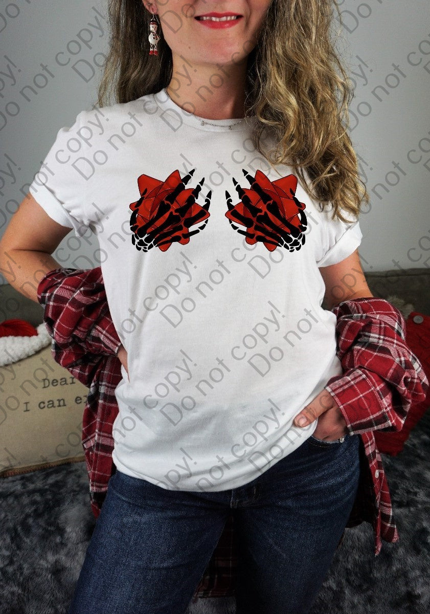 12-405 Skeleton Hands Christmas Bows - Red tee