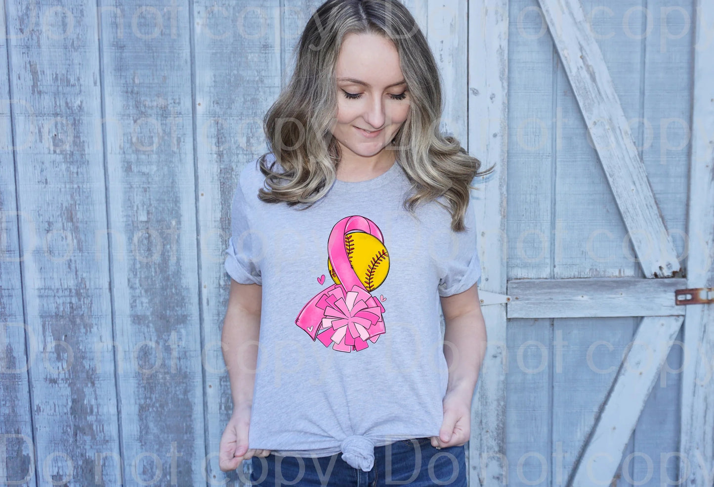 45-58 Breast cancer ribbon Softball with pom poms Completed Tee