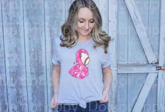 45-60 Breast cancer ribbon baseball with pom pom Completed Tee