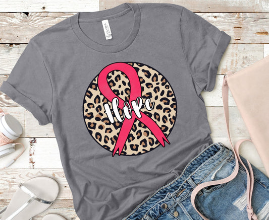 45-81 hope pink ribbon leopard circle  Breast Cancer Awareness Completed Tee