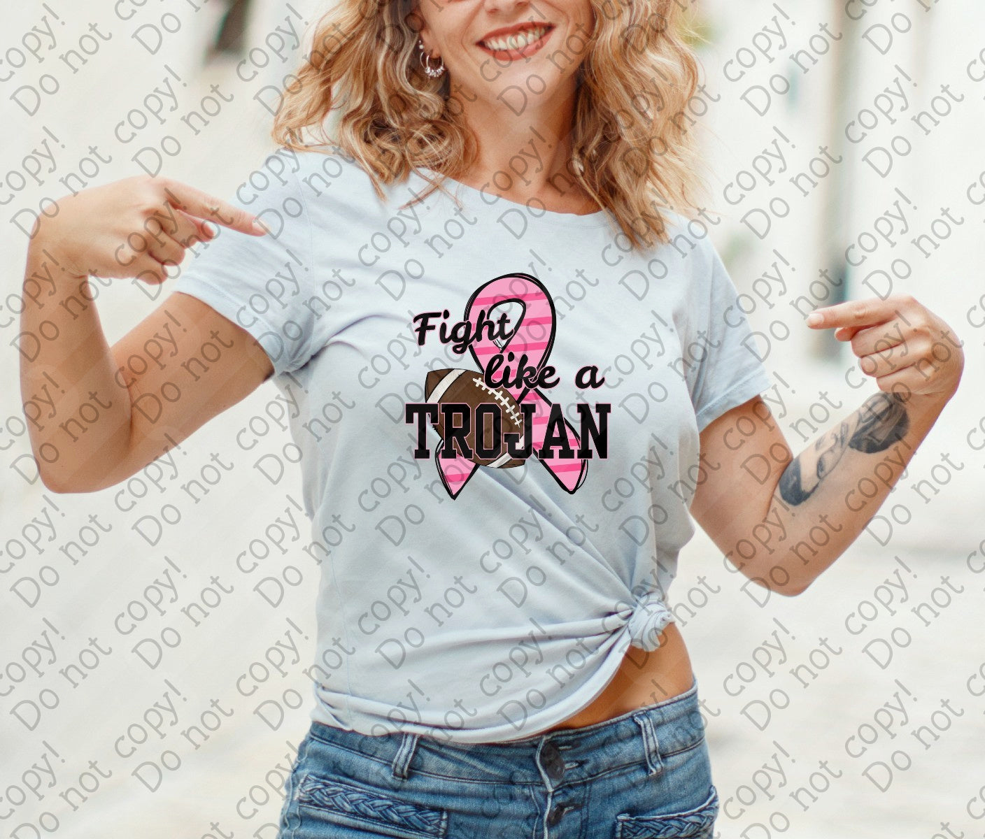 45-131 Fight like a Trojan Breast Cancer Ribbon with Football tee