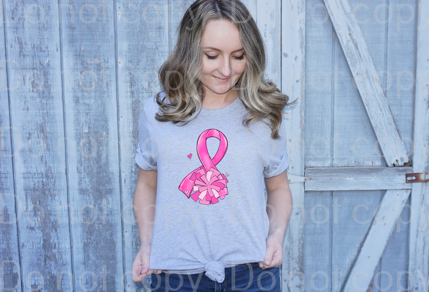 45-67 Breast cancer ribbon with pom poms Completed Tee