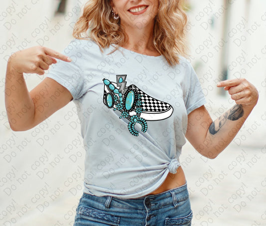 U-101 Black and White Checkered Sneaker with Turquoise tee